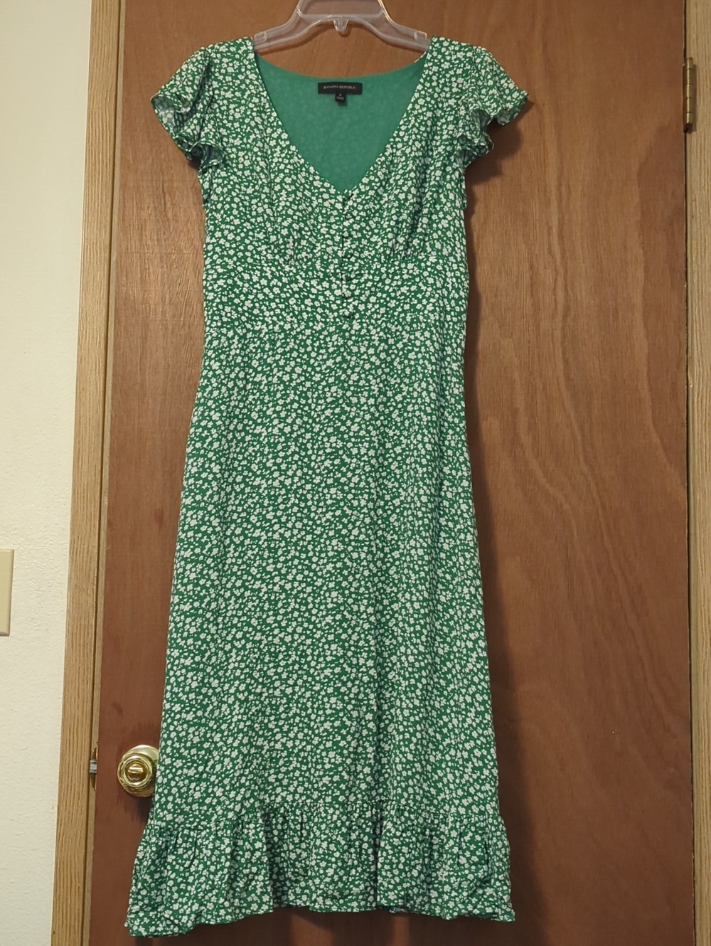 Banana Republic Green and White Floral V-Neck Ruffle-Hem Midi Dress